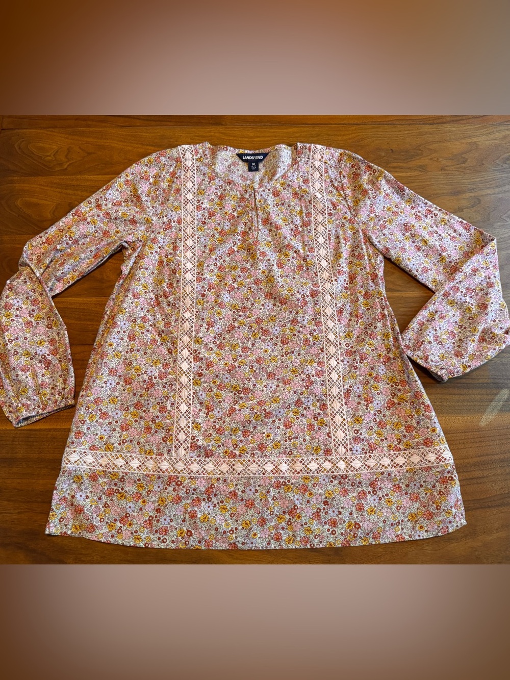 Lands’ End Ditsy Floral Peasant Tunic Blouse Top Embroidered Lace Like New Sz M